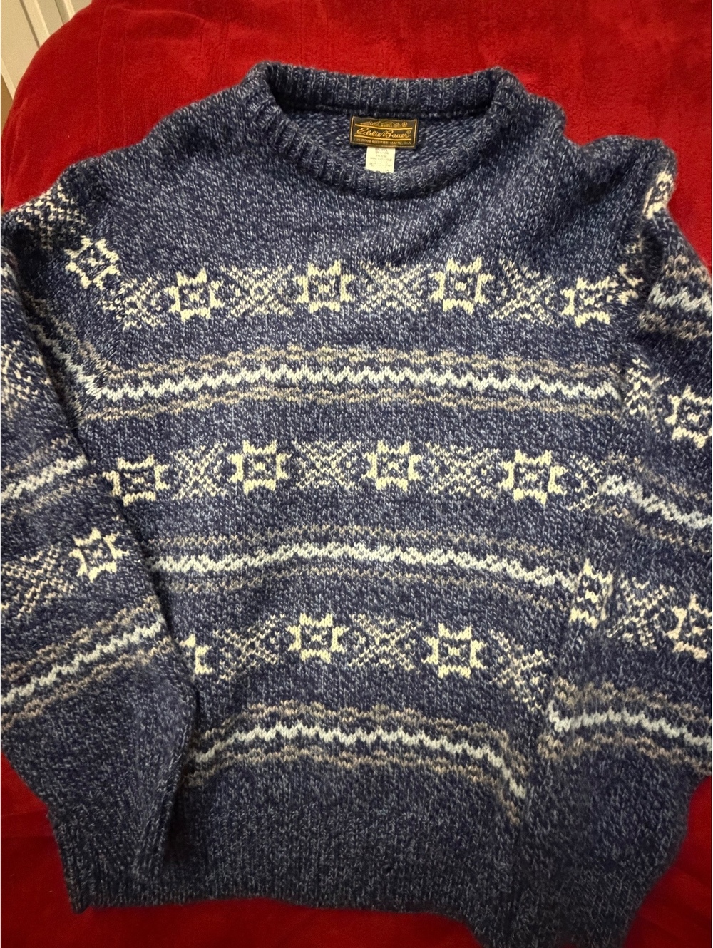 Eddie Bauer Blue Wool Blend Patterned Crewneck Sweater Medium